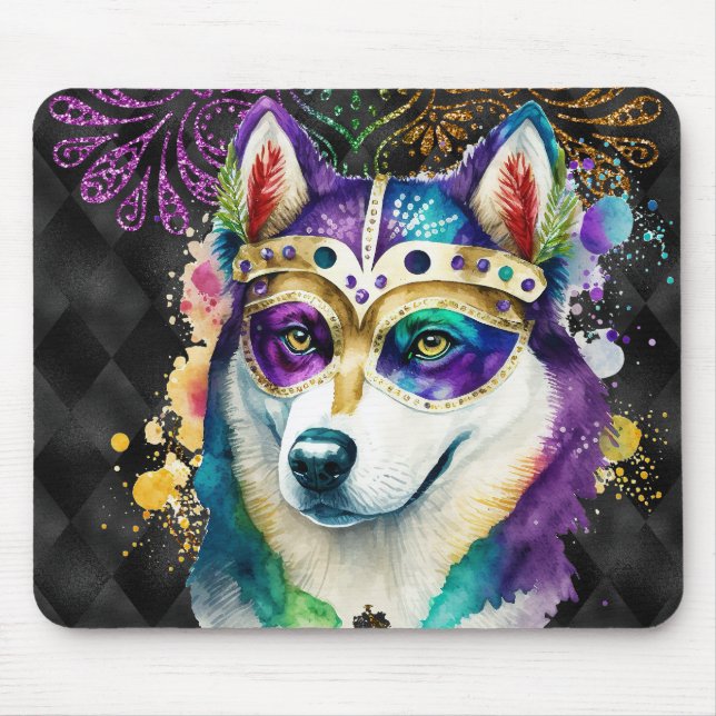 CUTWATERCOLOR MARDI GRAS SIBERIAN HUSKY HUND MUSMATTA (Framsidan)