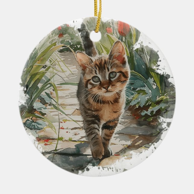 CUTWATERCOLOR TABBY KITTEN PÅ VÅR VÄG JULGRANSPRYDNAD KERAMIK (Framsidan)