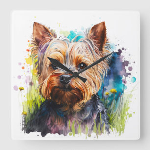 CUTWATERCOLOR YORKSHIRE TERRIER HUND FYRKANTIG KLOCKA