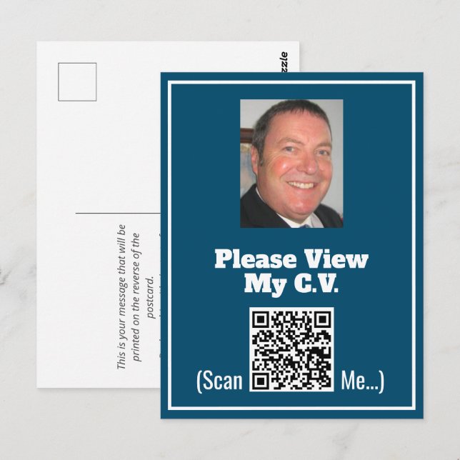 CV med foto- och QR-kod på ett vykort (Fram/baksida)