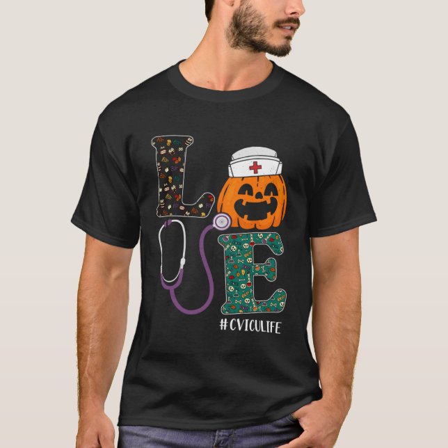 CVICU Nurse Halloween Scary Pumpkin Love Nurse Lif T Shirt (Framsida)