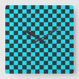 Cyan and charcoal checkerboard pattern fyrkantig klocka