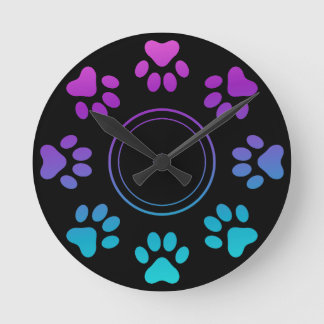 Cyan Blå Lila Tassavtryck Design Hund Katt Kärlek Rund Klocka