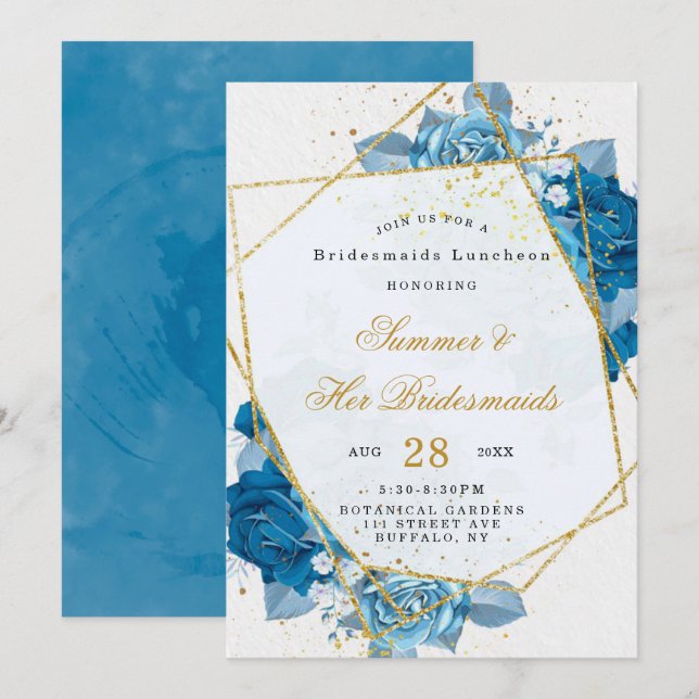 Cyan Blue Blommigt Geometric Bridesmaids Luncheon Inbjudningar (Fram/baksida)