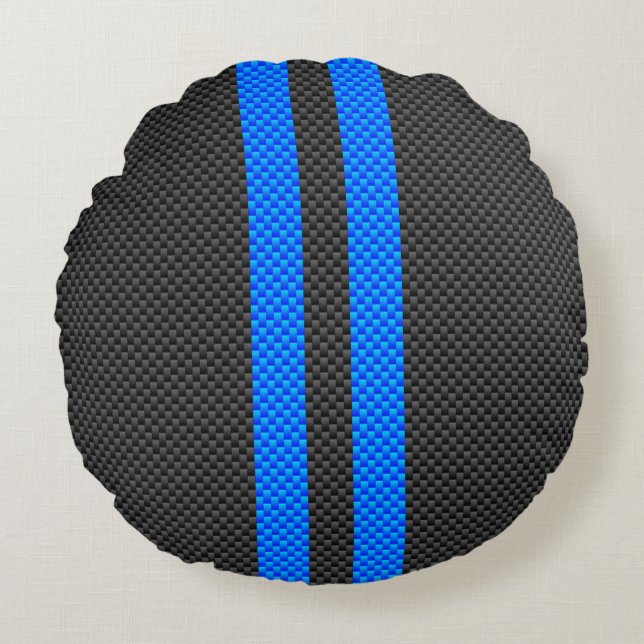 Cyan Blue Carbon Fiber Stil Tävla Rand Rund Kudde (Framsidan)