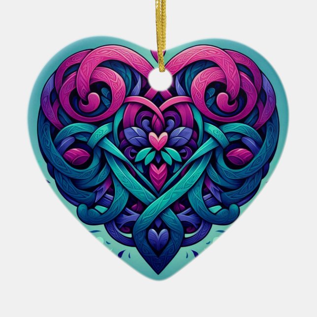 Cyan Celtic Heart Julgransprydnad Keramik (Framsidan)