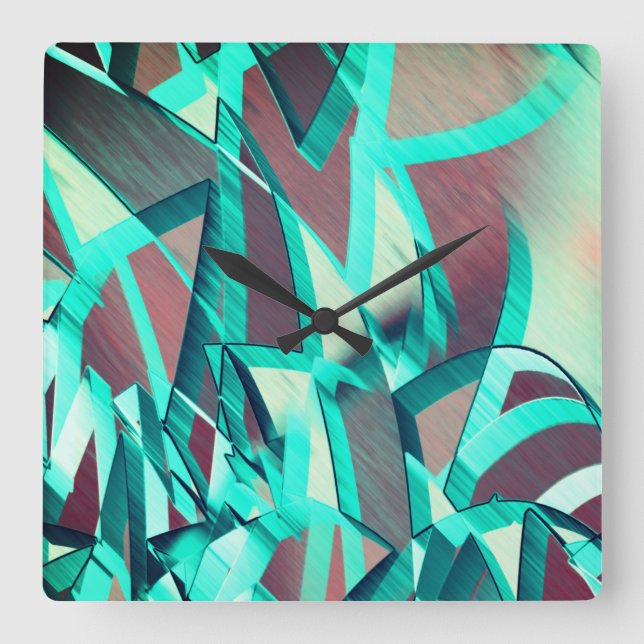 Cyan- eller blå rattar på röd, förbryllad bild fyrkantig klocka (Framsida)