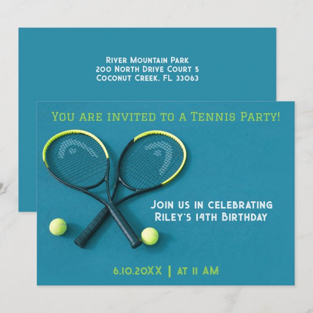 Cyan Födelsedagsfest Rackets och Bollar tennis Inbjudningar (Fram/baksida)