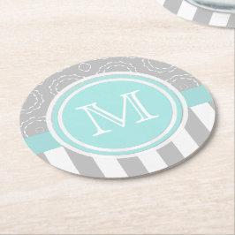 Cyan, grå och för vitmotivSriped Monogram Underlägg Papper Rund