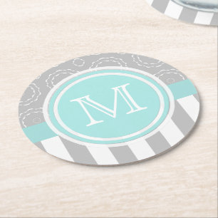 Cyan, grå och för vitmotivSriped Monogram Underlägg Papper Rund