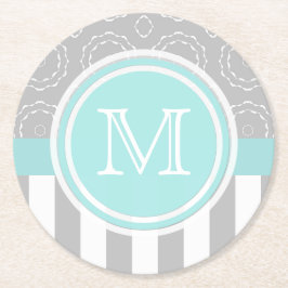 Cyan, grå och för vitmotivSriped Monogram Underlägg Papper Rund