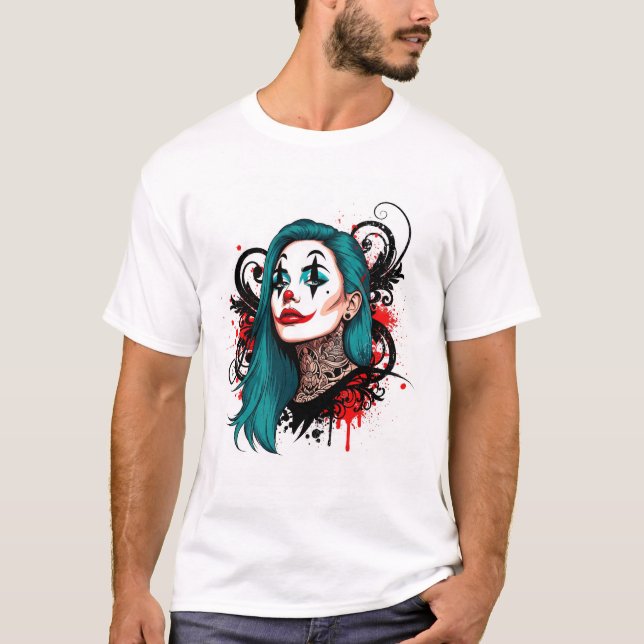 Cyan Haired Clown Queen - Spooky Chic Graphic T Shirt (Framsida)
