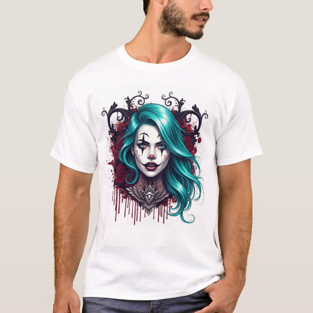 Cyan Hår Clown Drottning - Spooky Chic Grafisk T Shirt (Framsida)
