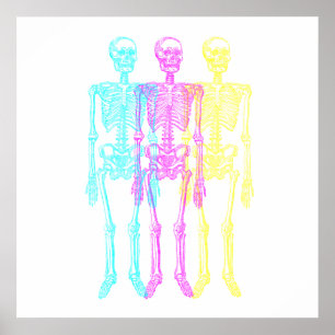 Cyan Magenta Gult Letterpress Skeletons Poster