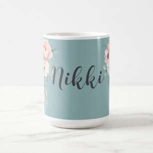 Cyan Mint Grönt Watercolor Blommigt Anpassningsbar Kaffemugg