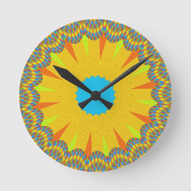 Cyan och Guld Mandala Art Print Rund Klocka (Framsida)