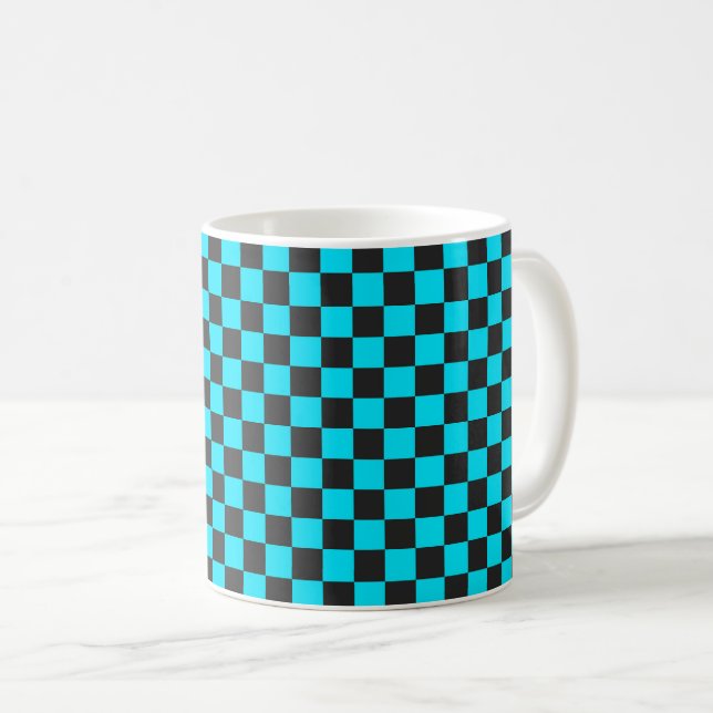 Cyan och kolgrå schackbrädemönster kaffemugg (Framsida höger)