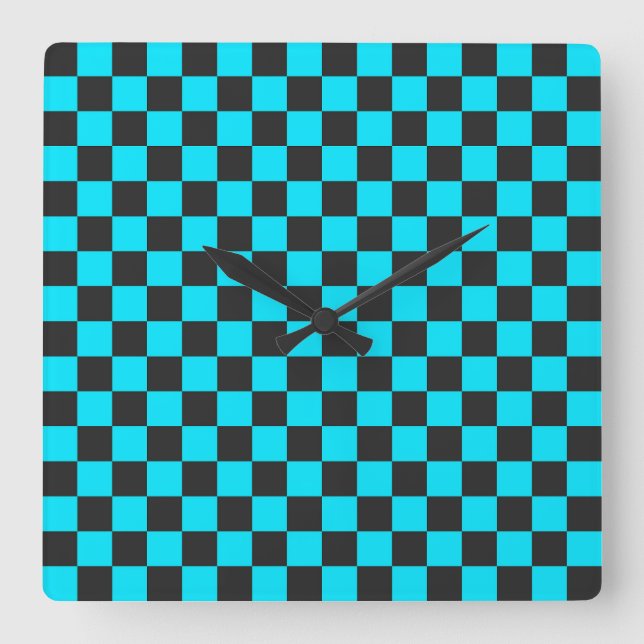 Cyan och kolgrått schackbrädemönster fyrkantig klocka (Framsida)