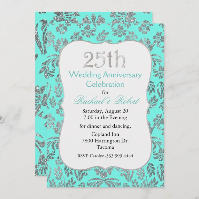 Cyan och silver 25-årsjubileums inbjudan (Fram/baksida)