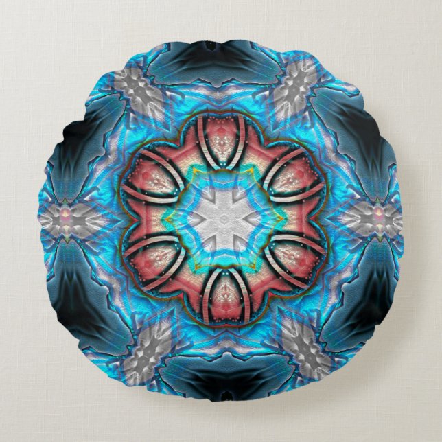 Cyan och silver kaleidoskop med grovt målat innehå rund kudde (Framsidan)