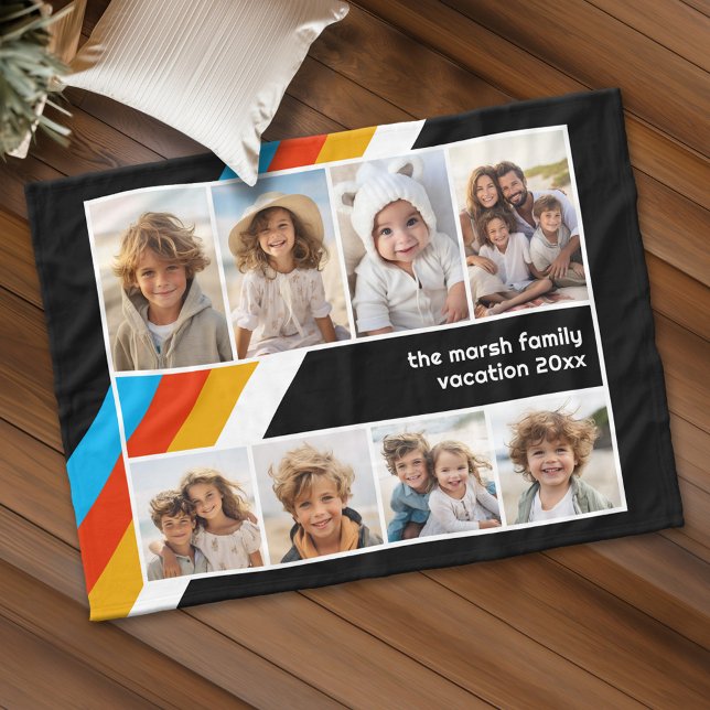 Cyan Retro Stripe - 8 Foto Collage Fleecefilt (Personalized fleece blanket with 8 photos and custom text)