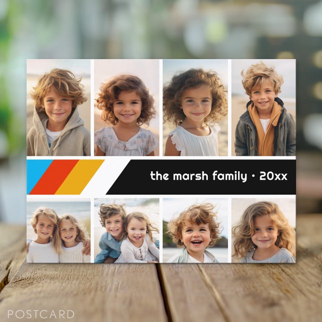 Cyan Retro Stripe - 8 Foto Collage Vykort (Custom Personalized Photo Collage Postcard)
