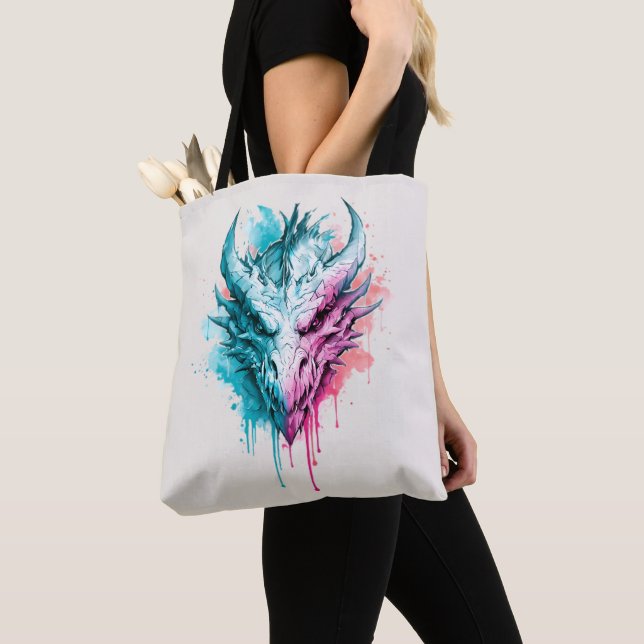 Cyan Rosa Drak Vattenfärg Totebag Tygkasse (Närbild)