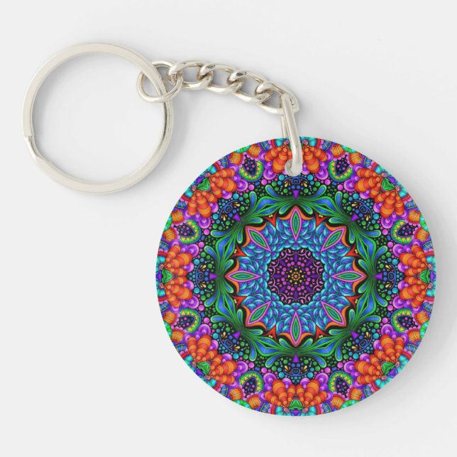 Cyan & Sapphire Kaleidoscope Mandala Keychain (Framsidan)