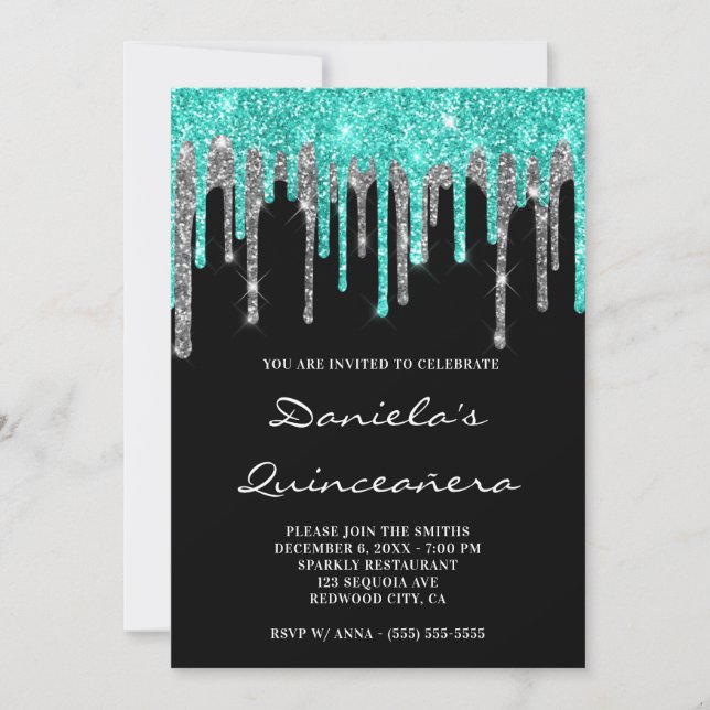 Cyan Silver Glitter Drips Black Quinceañera Inbjudningar (Framsida)