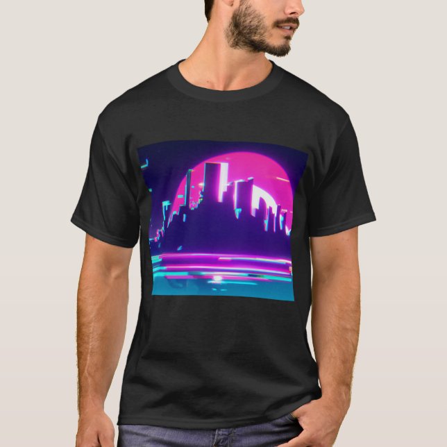 Cyan synthwave City T Shirt (Framsida)