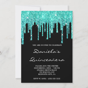 Cyan Teal Glitterdroppar Svart Quinceañera Inbjudningar