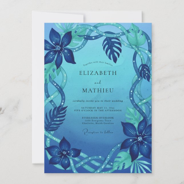 Cyan Tropisk Monstera Eukalyptus Bröllop Inbjudningar (Framsida)