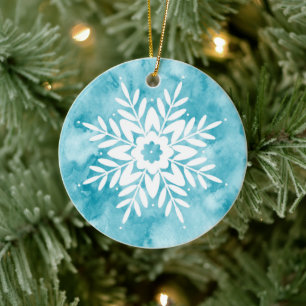 Cyan Watercolor Snowflake Julgransprydnad Keramik