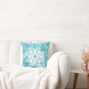Cyan Watercolor Snowflake Kudde