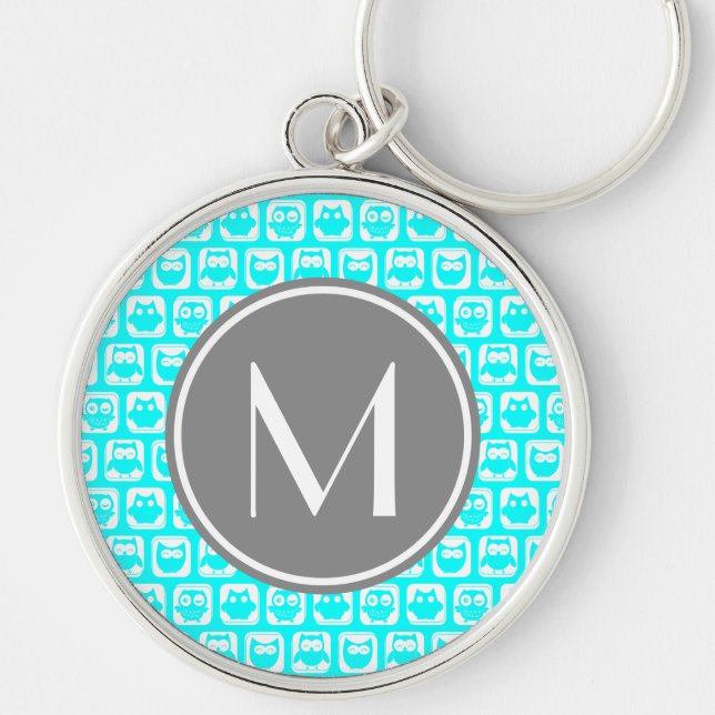 Cyan & White Uggla Mönster Grått Round Keychain Rund Silverfärgad Nyckelring (Framsidan)