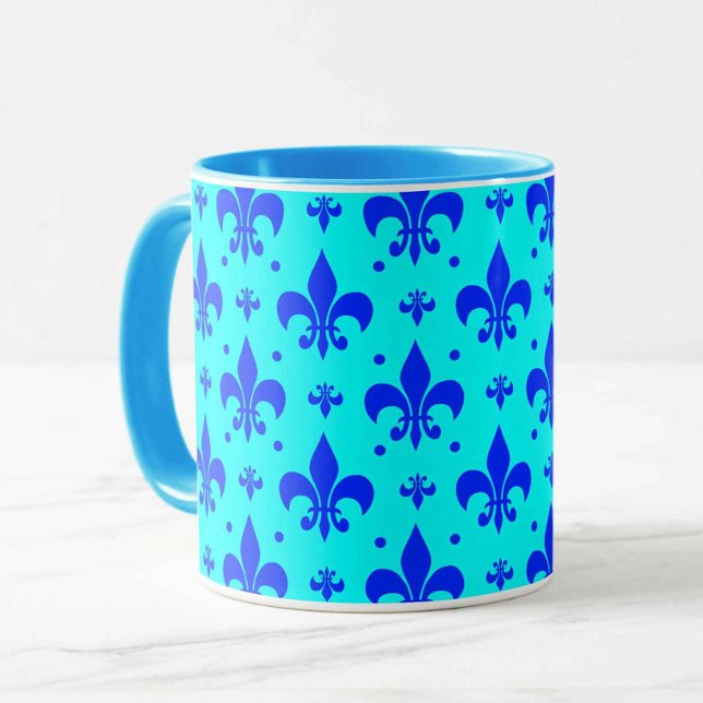 Cyanblått Fleur-de-lis-mönsterdesign  Mugg (Skapare uppladdad)