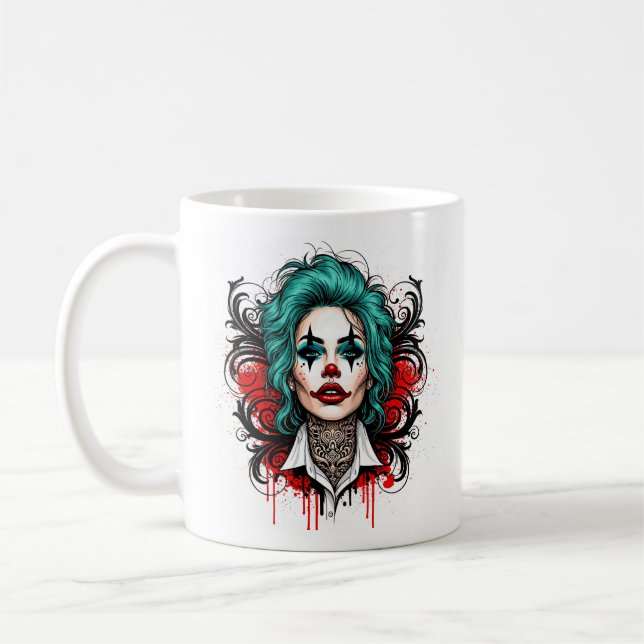 Cyanhårig Clown Drottning - Spooky Chic Design Kaffemugg (Vänster)
