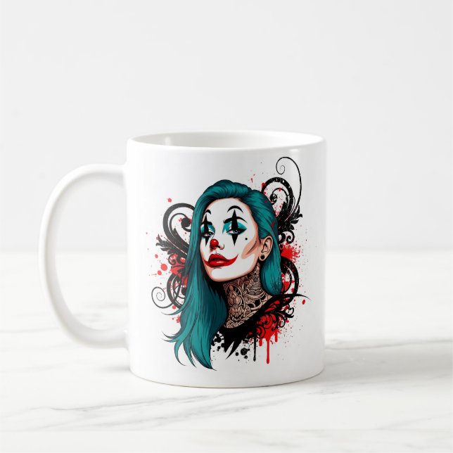 Cyanhårig Clown Drottning - Spooky Chic Design Kaffemugg (Vänster)