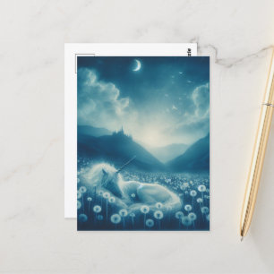 Cyanotype Sleeping Unicorn Dandelion Dreams Vykort