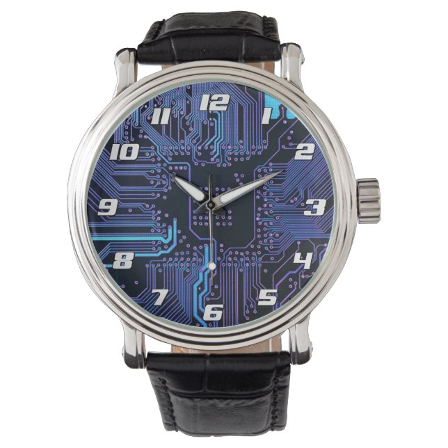 Cyber Blue PCB Kretskort Spår Mönster Konst Armbandsur (Framsida)