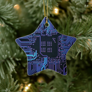 Cyber Blue PCB Kretskort Spår Mönster Konst Julgransprydnad Keramik