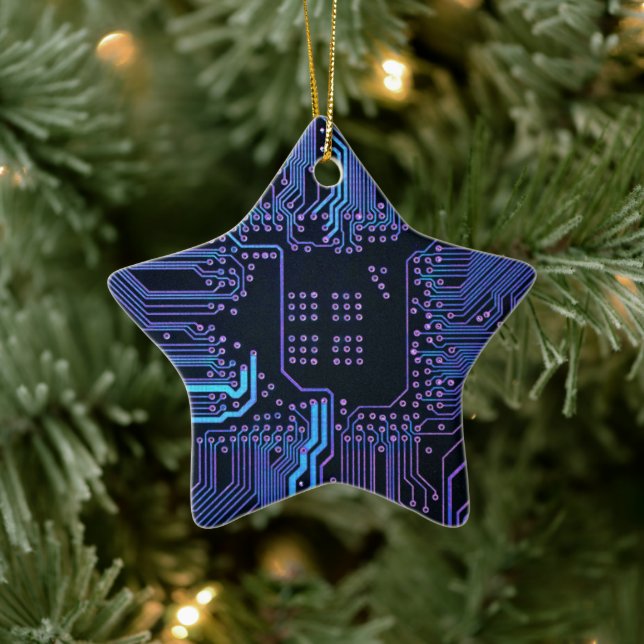 Cyber Blue PCB Kretskort Spår Mönster Konst Julgransprydnad Keramik (Träd)