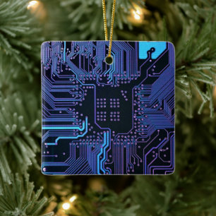 Cyber Blue PCB Kretskort Spår Mönster Konst Julgransprydnad Keramik