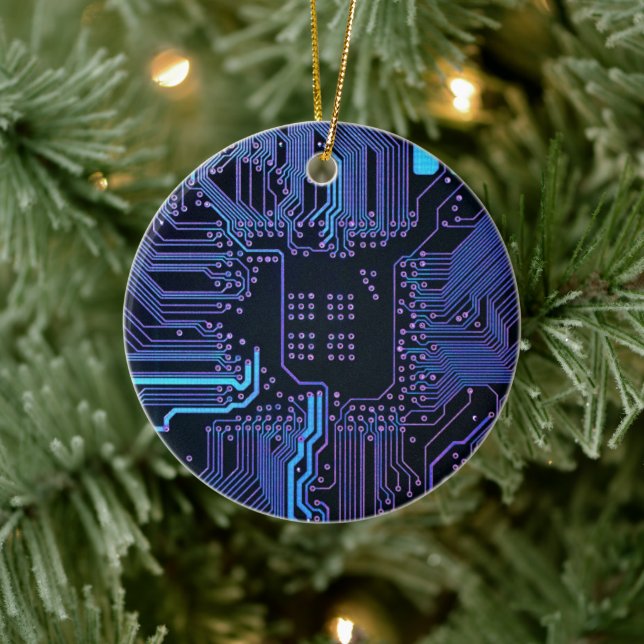 Cyber Blue PCB Kretskort Spår Mönster Konst Julgransprydnad Keramik (Träd)