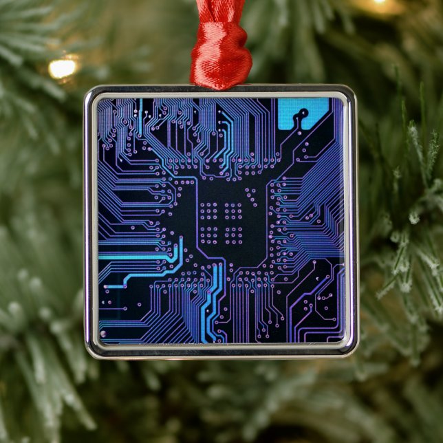 Cyber Blue PCB Kretskort Spår Mönster Konst Julgransprydnad Metall (Träd)
