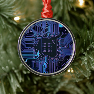 Cyber Blue PCB Kretskort Spår Mönster Konst Julgransprydnad Metall
