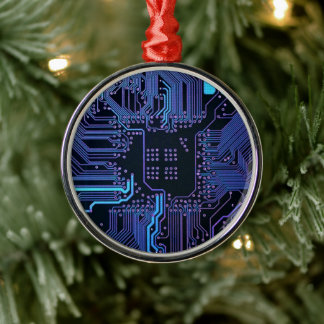 Cyber Blue PCB Kretskort Spår Mönster Konst Julgransprydnad Metall