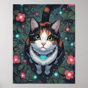 Cyber Cat Bloom Blommigt Cybernetiskt Kattdjur Poster
