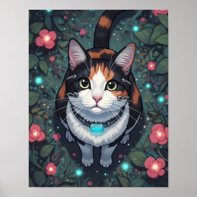 Cyber Cat Bloom | Blommigt Cybernetiskt Kattdjur Poster (Framsidan)