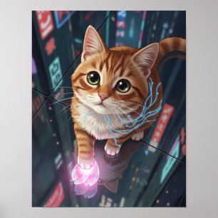Cyber Cat Neon City Kattdjuret Urban Tabby Poster